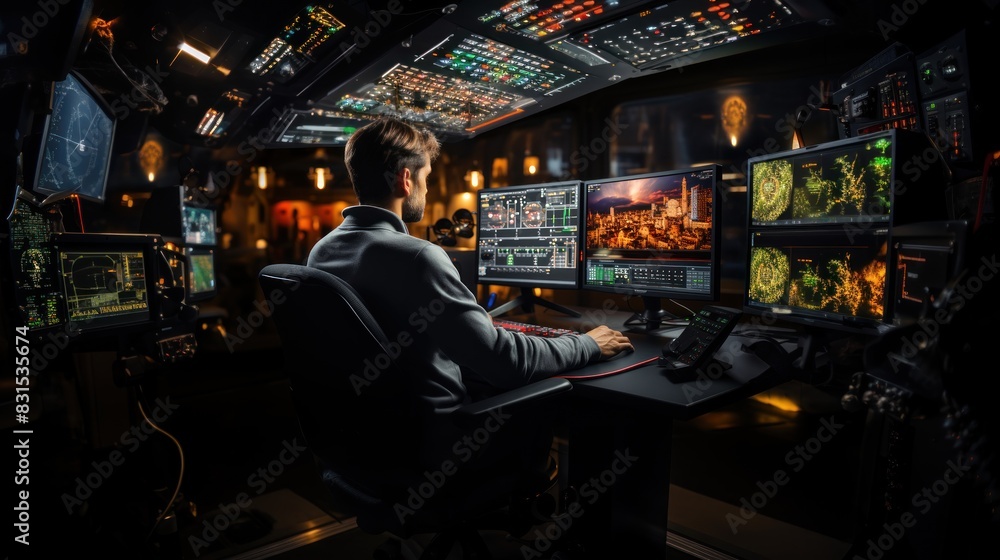 Poster person monitors data on a multitude of screens in a modern, high-tech command center