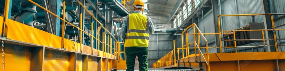 Wall mural Man stands between two yellow metal structures, man in hard hat walks through factory.