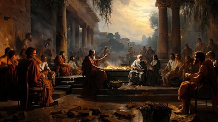 Ancient philosophers engaged in a discourse by a fire within a ruined temple