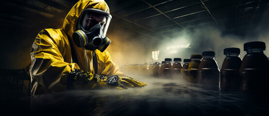 Man in gas mask and yellow smoke on dark background. - Powered by Adobe