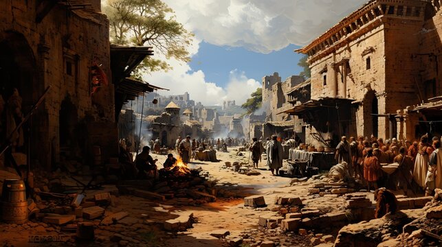 Bustling street life in an ancient market with diverse people, stalls, and architecture under a bright sky