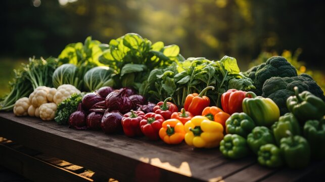 Fresh, colorful vegetables arrayed on a wooden surface outdoors