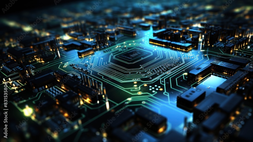 Poster detailed close-up of a luminous circuit board with electronic components and pathways