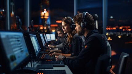 A focused team of professionals operates in a highly-technical workplace environment, showcasing teamwork and high-tech job roles