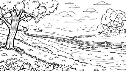 A serene countryside landscape coloring page with trees, meadows and a winding river. The scene is depicted in black lines on white paper, perfect for a children's illustration style