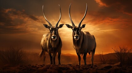 Two majestic antelopes stand proud against a dramatic sunset backdrop in nature