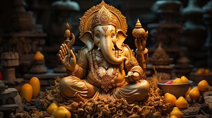 Intricately crafted golden statue of Ganesha with offerings and traditional decor