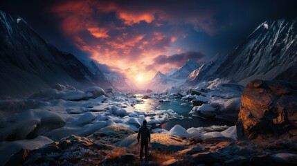 An adventurer looks out to a sunlit mountain landscape amidst snow and ice, invoking wonder