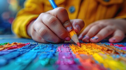 Child’s Creative Journey: A Closeup of Hands Skillfully Drawing with Colorful Crayons on Paper