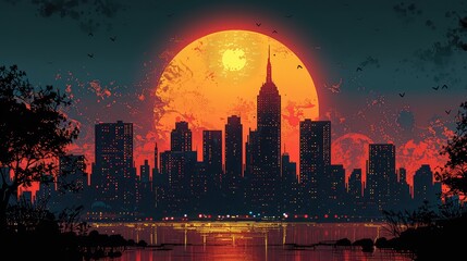 Comic Book Style Illustration of a City Skyline with the Sun Setting in the Background