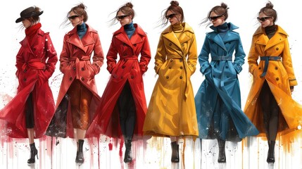 Elegant and Stylish Women’s Long Coats Fashion Illustrations: A Collection of Diverse Styles and Colors Showcased on the Runway