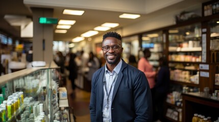 Fototapeta premium A confident African man with glasses, standing in a pharmacy with blurred customers in the background