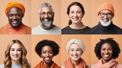 A collage of multicultural faces, each wearing colorful warm winter attire and smiling