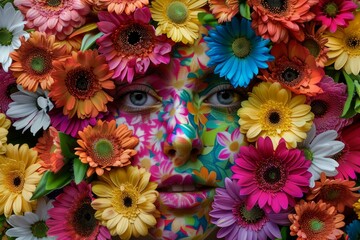 Closeup of a face artistically painted, peeking through a mosaic of vivid, multicolored flowers