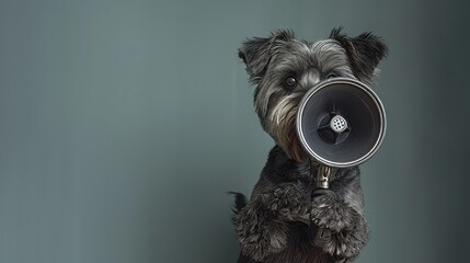 Dog amplifying its voice using a megaphone on a vibrant blue background with room for text