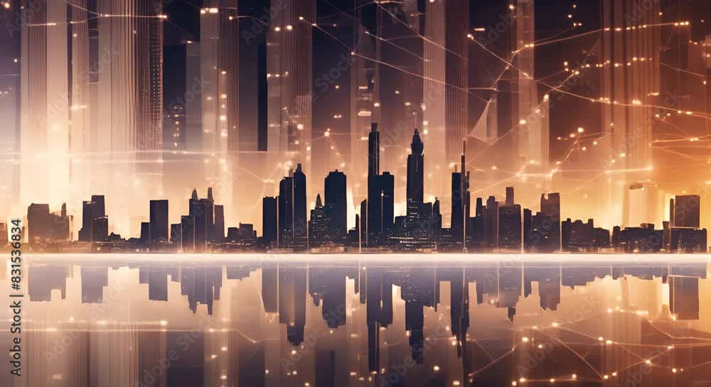 Poster abstract financial data visualization with cityscape and graph lines