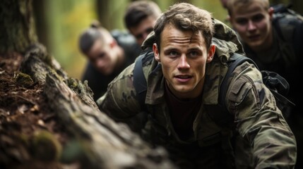Soldiers crawl through the forest during a tactical training exercise with a focus on the lead soldier