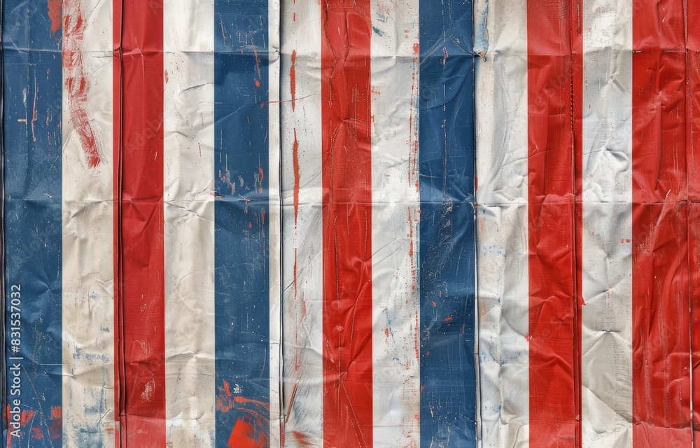 Poster a red, white and blue striped tarp with vertical stripes of varying sizes, creating an abstract patt
