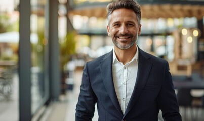 A half-body portrait of a male professional insurance expert, exuding trust and reliability, standing in a spacious and bright modern office setting