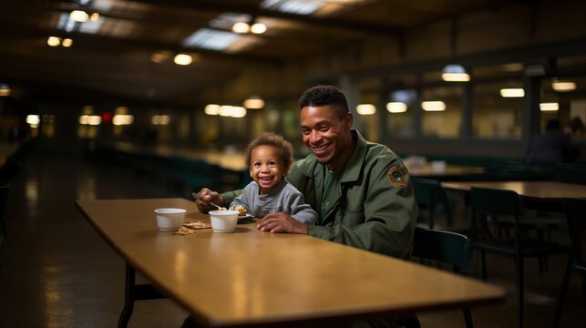 A uniformed father shares a happy moment with his child while eating at a cafeteria table
