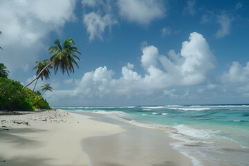A nice beach with white sand, cloud, palm tree and wave