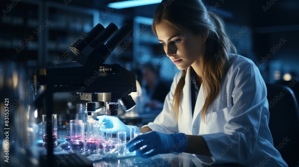 Poster a female scientist is conducting research using a microscope in a dimly lit laboratory with various 