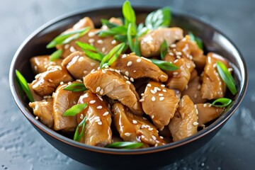 Teriyaki chicken topped with sesame seeds and green onions in an elegant black bowl - culinary presentation - recipe inspiration - gourmet dining