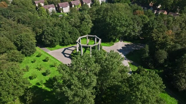 Aerial drone view of a Monument in the Nordsternpark ( Denkmal im Nordsternpark  ) near mine Nordstern  , Gelsenkirchen , Germany . 
