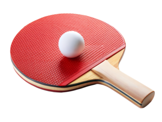 A red table tennis paddle and white ball are placed on a transparent background