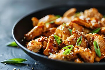 Teriyaki chicken topped with sesame seeds and green onions in an elegant black bowl - culinary presentation - recipe inspiration - gourmet dining