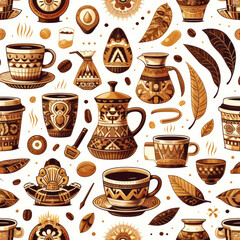 Traditional Coffee Pottery and Beans in Elegant Pattern