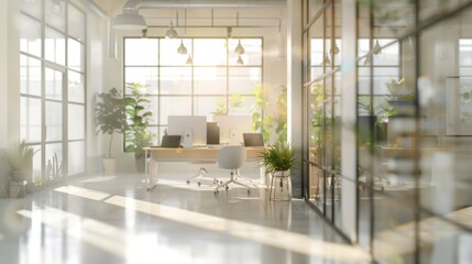 A modern office with large windows, abundant natural light, and indoor plants. Desks with computers and chairs are neatly arranged.
