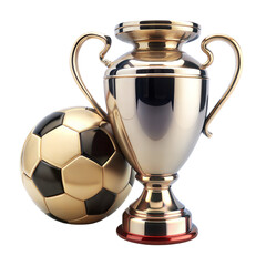 Fototapeta premium A shiny silver trophy cup placed beside a black and gold soccer ball, isolated on a transparent background