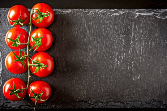 Ripe Cherry Tomatoes on Slate, Vine-ripened cherry tomatoes arranged on a dark slate surface, with ample copy space.