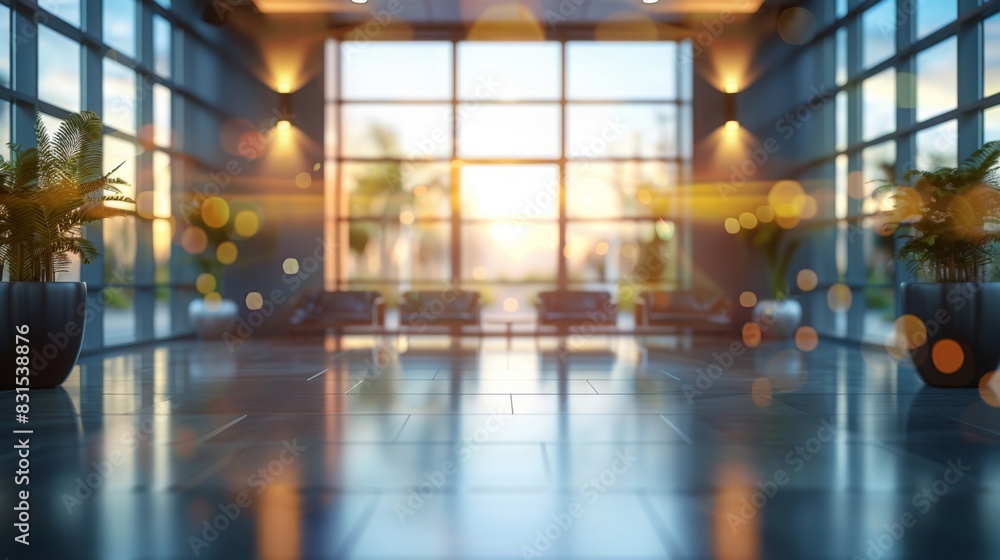 Poster a spacious, brightly lit lobby with large windows allowing sunlight to pour in. cozy seating and lus