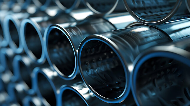 a close-up view of a stack of metal pipes. The pipes are cylindrical and arranged in a way that their circular openings face the viewer