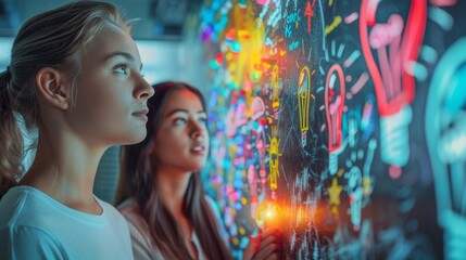 Naklejka premium Two young women brainstorming with colorful ideas and lightbulbs on a transparent board in a creative and modern office setting.