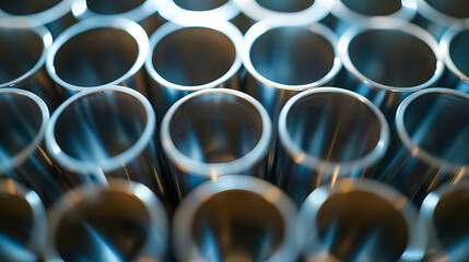 a close-up view of a stack of metal pipes. The pipes are cylindrical and arranged in a way that their circular openings face the viewer