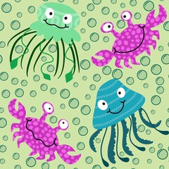Naklejka premium Summer animals print seamless cartoon crabs and jellyfish pattern for wrapping