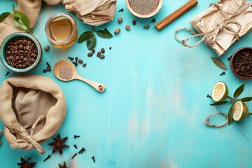 Ecofriendly kitchen products arranged on a vibrant blue surface