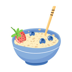 Oatmeal porridge with berries. Healthy and delicious breakfast. Strawberries and blueberries. Vector isolated image