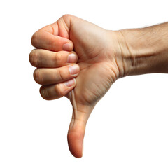 Close-up of a hand showing thumbs down sign, isolated on a transparent background