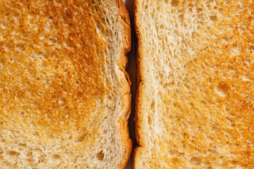 Two slices of golden toasted bread close-up