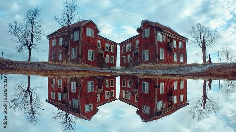 Poster two red buildings reflect in a body of water with trees on one side and a blue sky with clouds in th