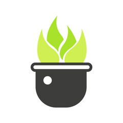 Home garden plant in flowerpot with rounded bottom, black and green line icon vector illustration