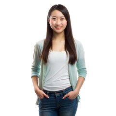 Obraz premium Young woman with long hair in casual clothing standing confidently with hands in pockets and smiling