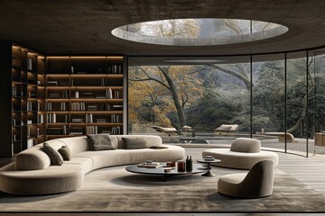 Spacious living room with a circular skylight, modern furniture, and a stunning forest view, blending contemporary style with natural elements for a serene living experience