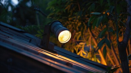 Motion sensor searchlight mounted on a metal rooftop to illuminate the backyard and its surroundings