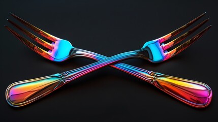 A closeup of a vibrant, rainbowcolored fork and knife crossed against a solid black background