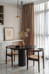 A minimalist dining room with white marble flooring, featuring an elegant round table and chairs. The curtains in the background have muted brown tones. A small wooden framed artwork hangs on one wall